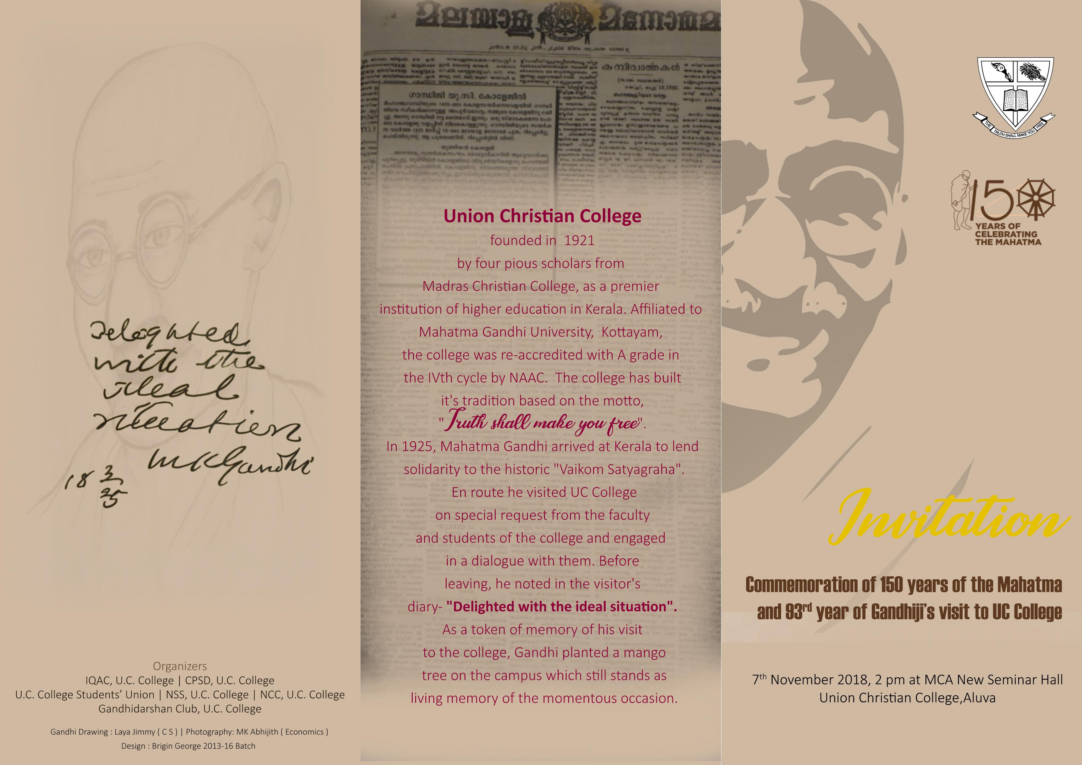 Commemoration of 150 years of the Mahatma and 93rd year of Gandhiji’s visit to UC College