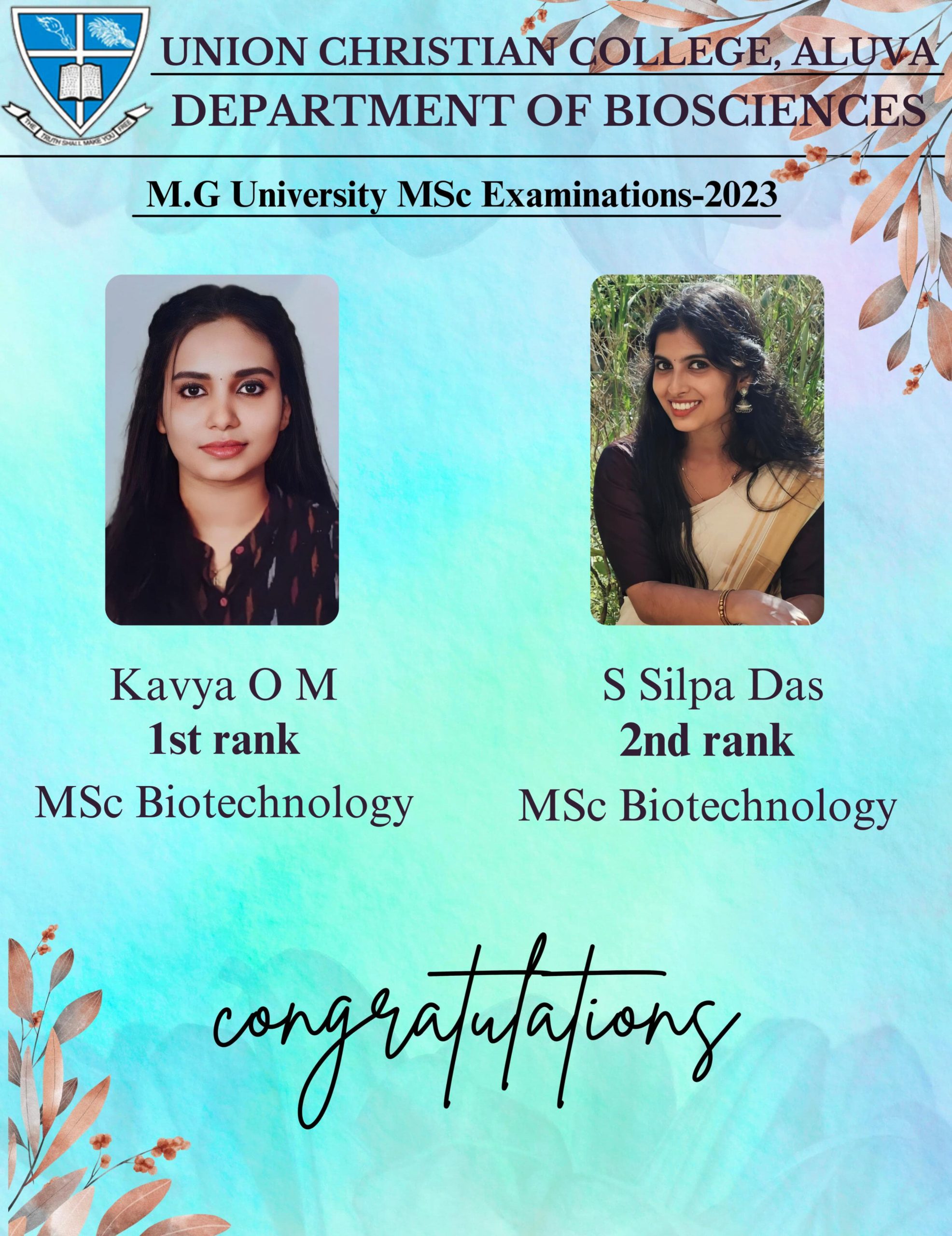Congratulations to the Rank Holders – MSc Biotechnonogy